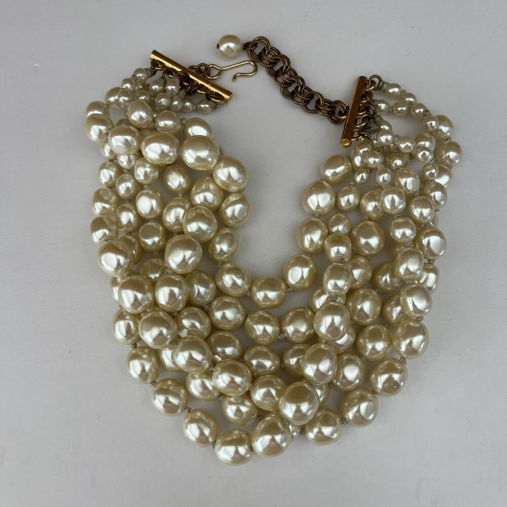 Vintage 5 Strand Glass Pearl Beaded Choker Necklace